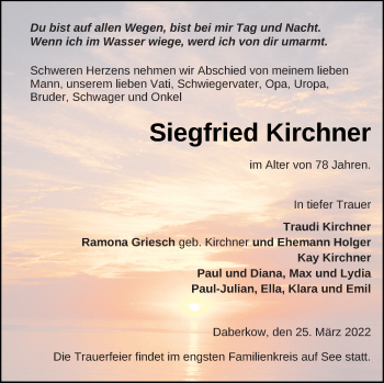 Traueranzeige von Siegfried Kirchner von Demminer Zeitung