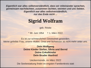 Traueranzeige von Sigrid Wolfram von Haff-Zeitung