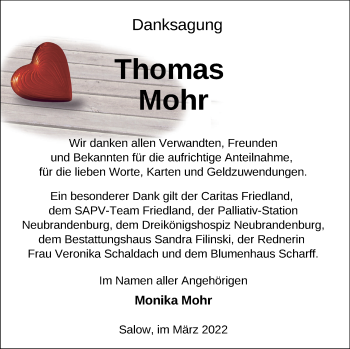 Traueranzeige von Thomas Mohr von Neubrandenburger Zeitung