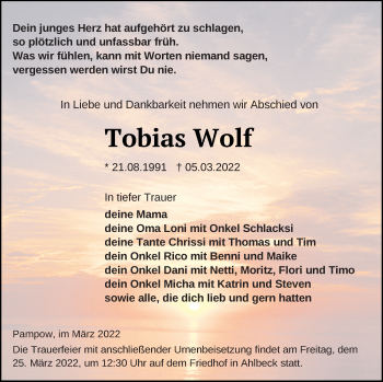 Traueranzeige von Tobias Wolf von Pasewalker Zeitung