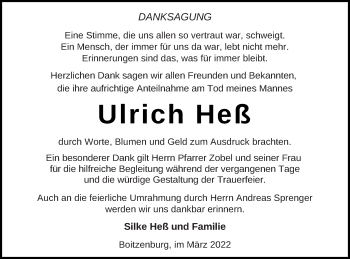 Traueranzeige von Ulrich Heß von Templiner Zeitung