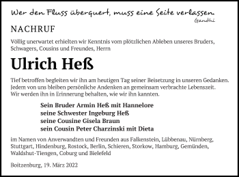 Traueranzeige von Ulrich Heß von Templiner Zeitung