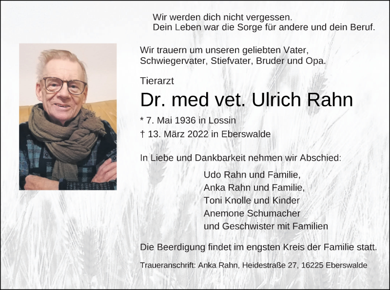  Traueranzeige für Ulrich Rahn vom 16.03.2022 aus Mecklenburger Schweiz