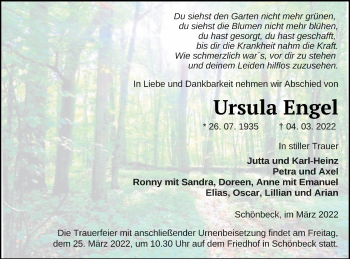 Traueranzeige von Ursula Engel von Strelitzer Zeitung