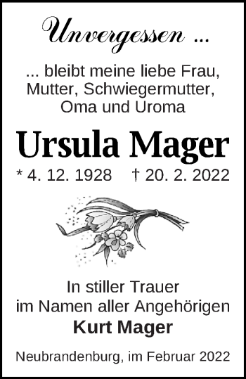 Traueranzeige von Ursula Mager von Neubrandenburger Zeitung