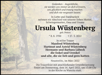 Traueranzeige von Ursula Wüstenberg von Strelitzer Zeitung