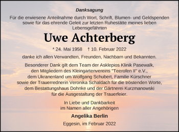 Traueranzeige von Uwe Achterberg von Haff-Zeitung