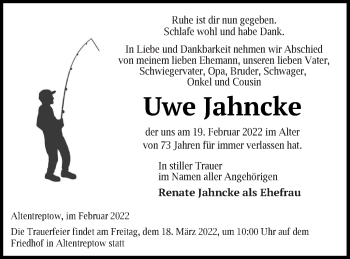 Traueranzeige von Uwe Jahncke von Neubrandenburger Zeitung