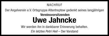 Traueranzeige von Uwe Jahncke von Neubrandenburger Zeitung