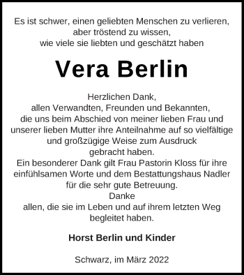 Traueranzeige von Vera Berlin von Strelitzer Zeitung