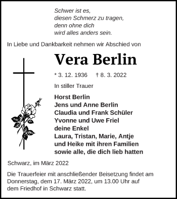 Traueranzeige von Vera Berlin von Strelitzer Zeitung