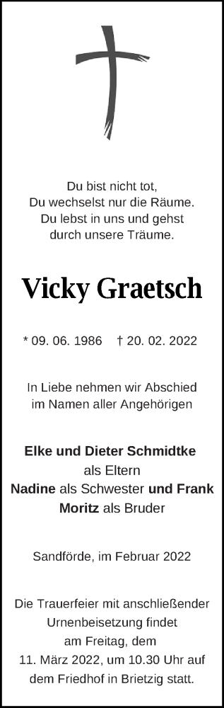 Traueranzeige von Vicky Graetsch von Pasewalker Zeitung