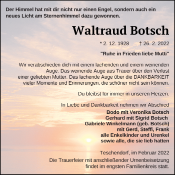 Traueranzeige von Waltraud Botsch von Neubrandenburger Zeitung