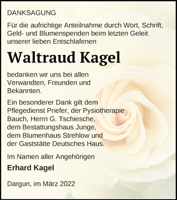 Traueranzeige von Waltraud Kagel von Mecklenburger Schweiz