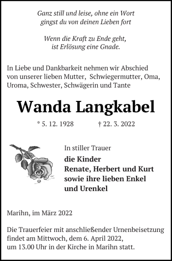 Traueranzeige von Wanda Langkabel von Müritz-Zeitung