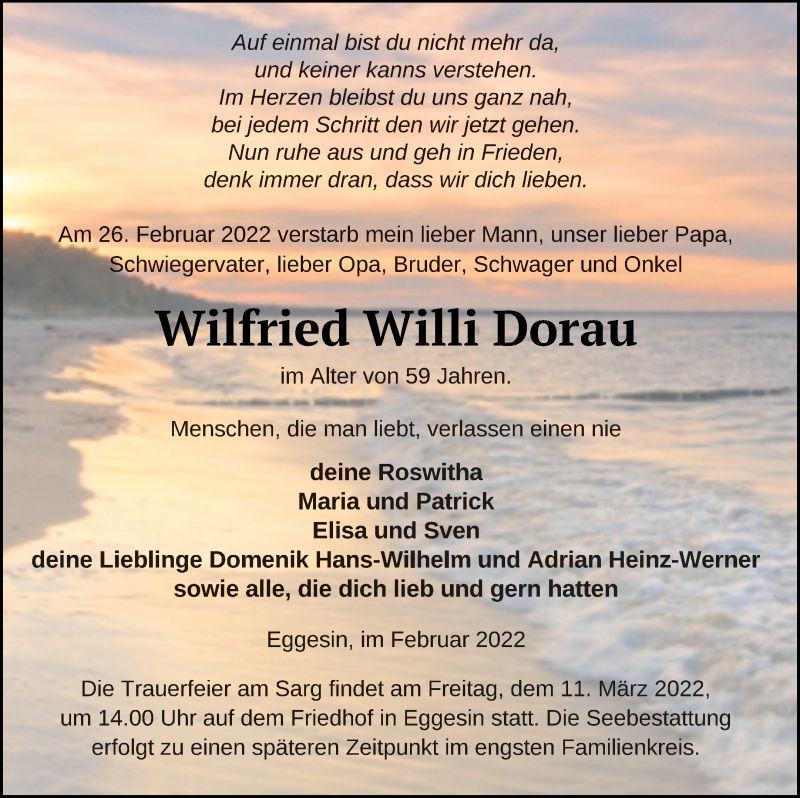  Traueranzeige für Wilfried  Dorau vom 03.03.2022 aus Haff-Zeitung