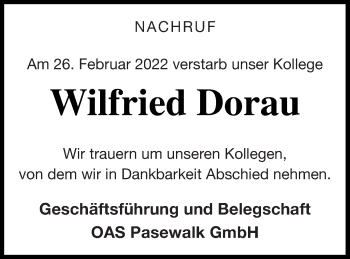 Traueranzeige von Wilfried  Dorau von Haff-Zeitung