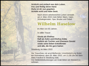 Traueranzeige von Wilhelm Haselow von Pasewalker Zeitung