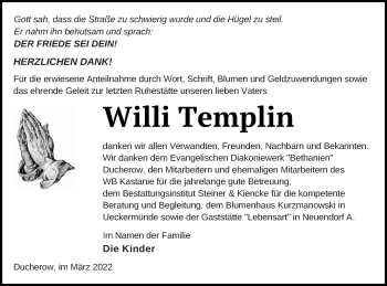 Traueranzeige von Willi Templin von Vorpommern Kurier