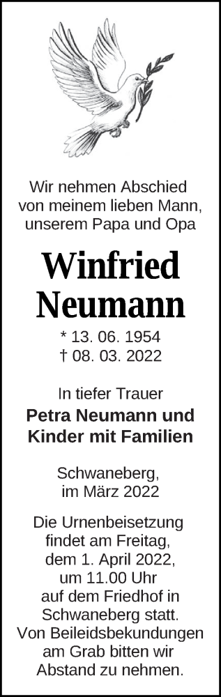 Traueranzeige von Winfried Neumann von Prenzlauer Zeitung