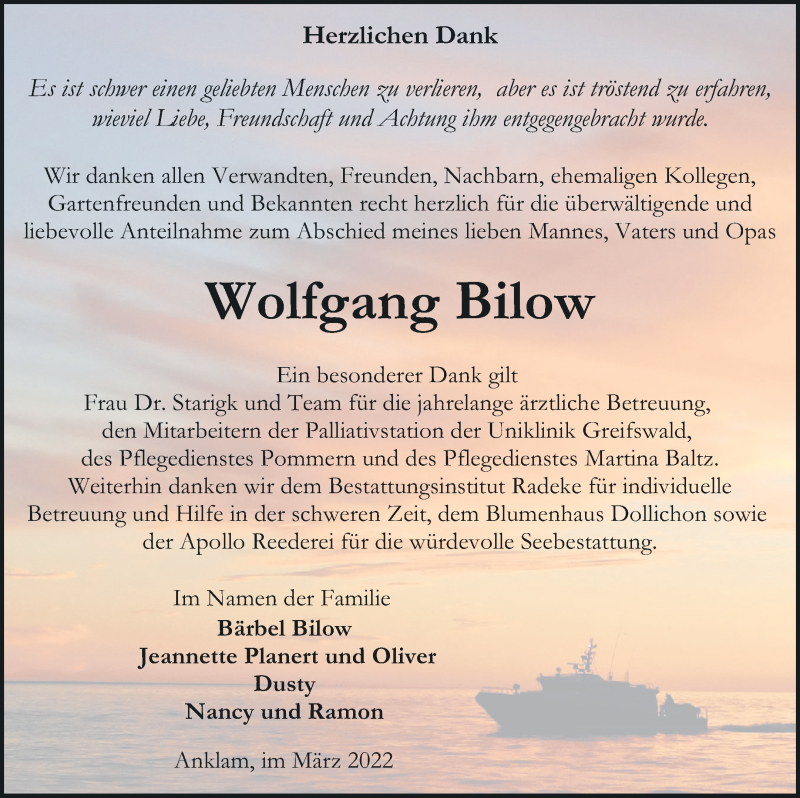  Traueranzeige für Wolfgang Bilow vom 19.03.2022 aus Vorpommern Kurier