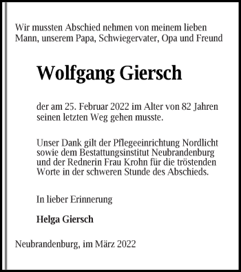 Traueranzeige von Wolfgang Giersch von Neubrandenburger Zeitung