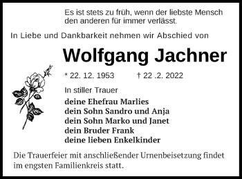 Traueranzeige von Wolfgang Jachner von Neubrandenburger Zeitung