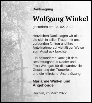 Traueranzeige von Wolfgang Winkel von Müritz-Zeitung