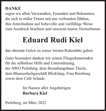 Traueranzeige von Eduard Rudi Kiel von Der Prignitzer