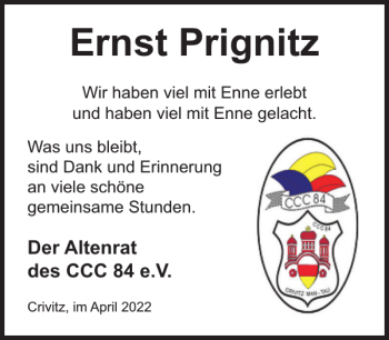 Traueranzeige von Ernst Prignitz von Zeitung für die Landeshauptstadt