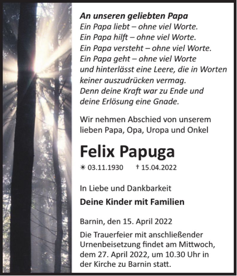  Traueranzeige für Felix Papuga vom 23.04.2022 aus Zeitung für die Landeshauptstadt
