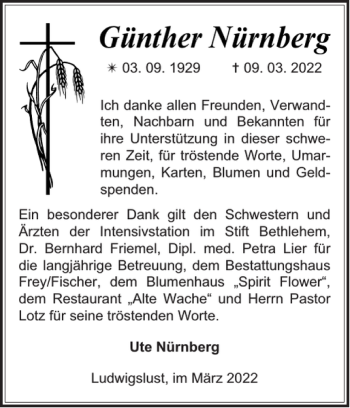 Traueranzeige von Günther Nürnberg von Ludwigsluster Tageblatt