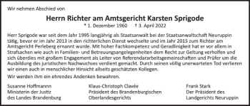 Traueranzeige von Richter Amtsgericht Karsten Sprigode von Der Prignitzer