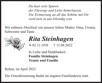 Traueranzeige von Rita Steinhagen von Gadebusch-Rehnaer Zeitung