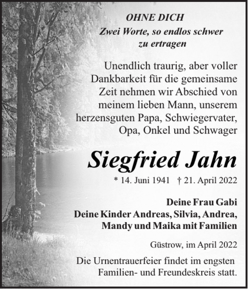  Traueranzeige für Siegfried Jahn vom 30.04.2022 aus Güstrower Anzeiger