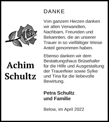 Traueranzeige von Achim Schultz von Müritz-Zeitung