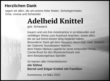 Traueranzeige von Adelheid Knittel von Mecklenburger Schweiz