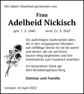 Traueranzeige von Adelheid Nickisch von Mecklenburger Schweiz