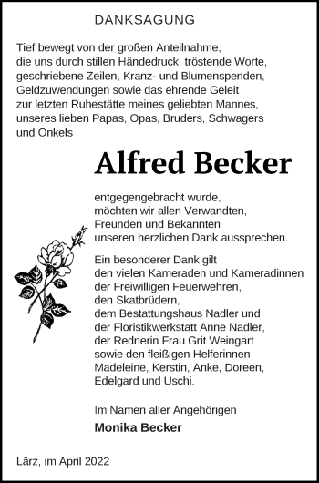 Traueranzeige von Alfred Becker von Müritz-Zeitung