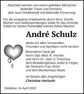 Traueranzeige von Andre Schulz von Prenzlauer Zeitung