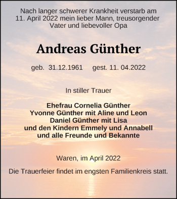 Traueranzeige von Andreas Günther von Müritz-Zeitung
