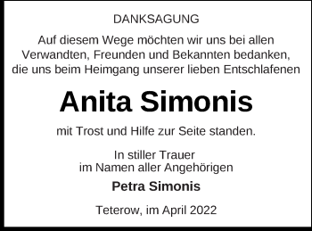 Traueranzeige von Anita Simonis von Mecklenburger Schweiz