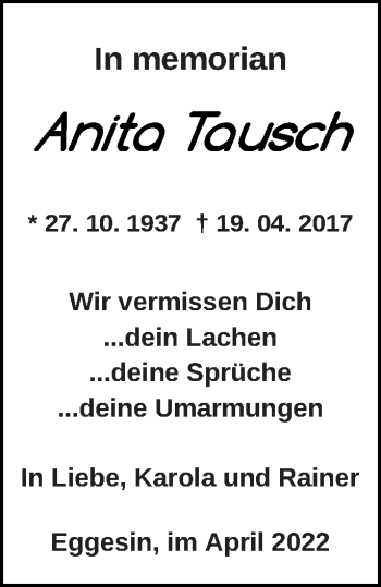 Traueranzeige von Anita Tausch von Haff-Zeitung