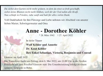 Traueranzeige von Anne-Dorothee Köhler von Müritz-Zeitung