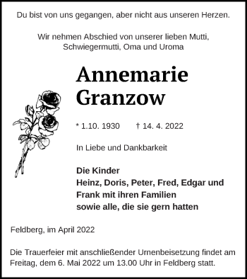 Traueranzeige von Annemarie Granzow von Strelitzer Zeitung