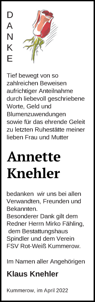 Traueranzeige von Annette Knehler von Mecklenburger Schweiz