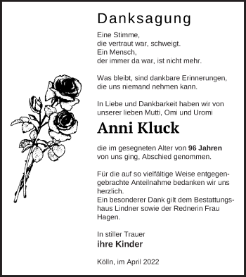 Traueranzeige von Anni Kluck von Neubrandenburger Zeitung