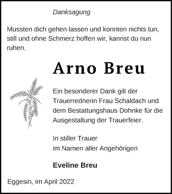Traueranzeige von Arno Breu von Haff-Zeitung