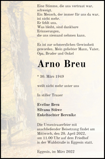 Traueranzeige von Arno Breu von Haff-Zeitung