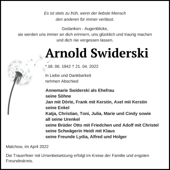 Traueranzeige von Arnold Swiderski von Müritz-Zeitung